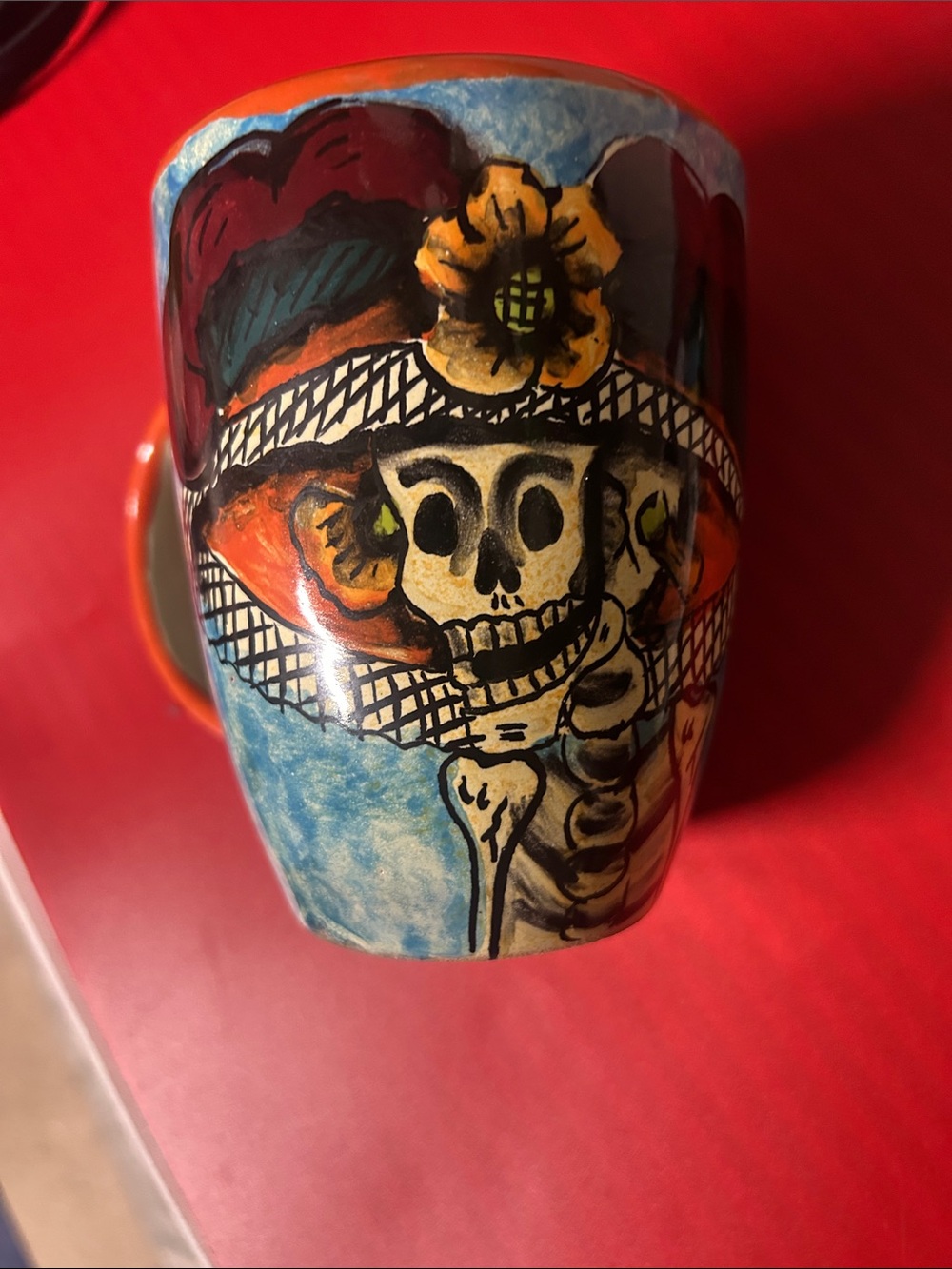 Two items Hand-Painted Day Dead Skeleton Mug & Tile Colorful Skull Artwork